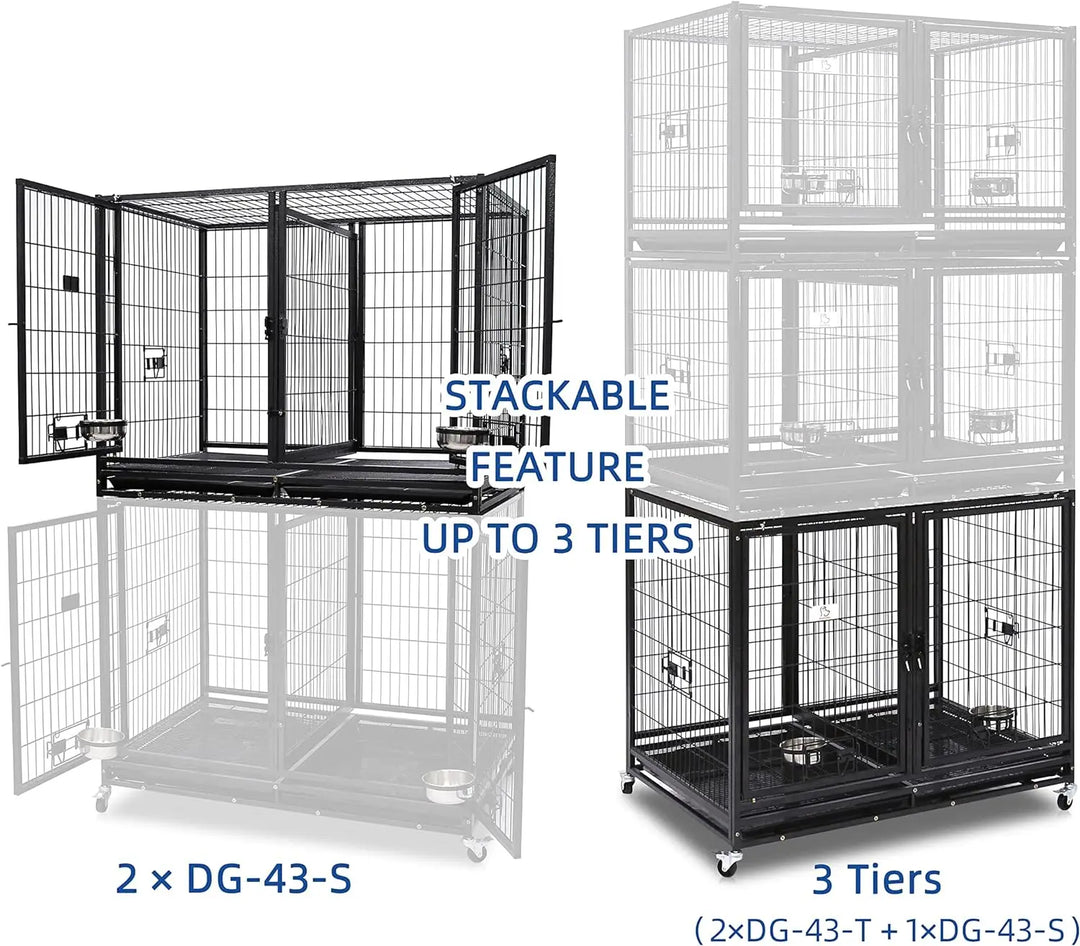 43 inch Dog Crate Cage Kennel with Divider, Indestructible Dog Crate, Sturdy Design, Double Door and Removable Tray De