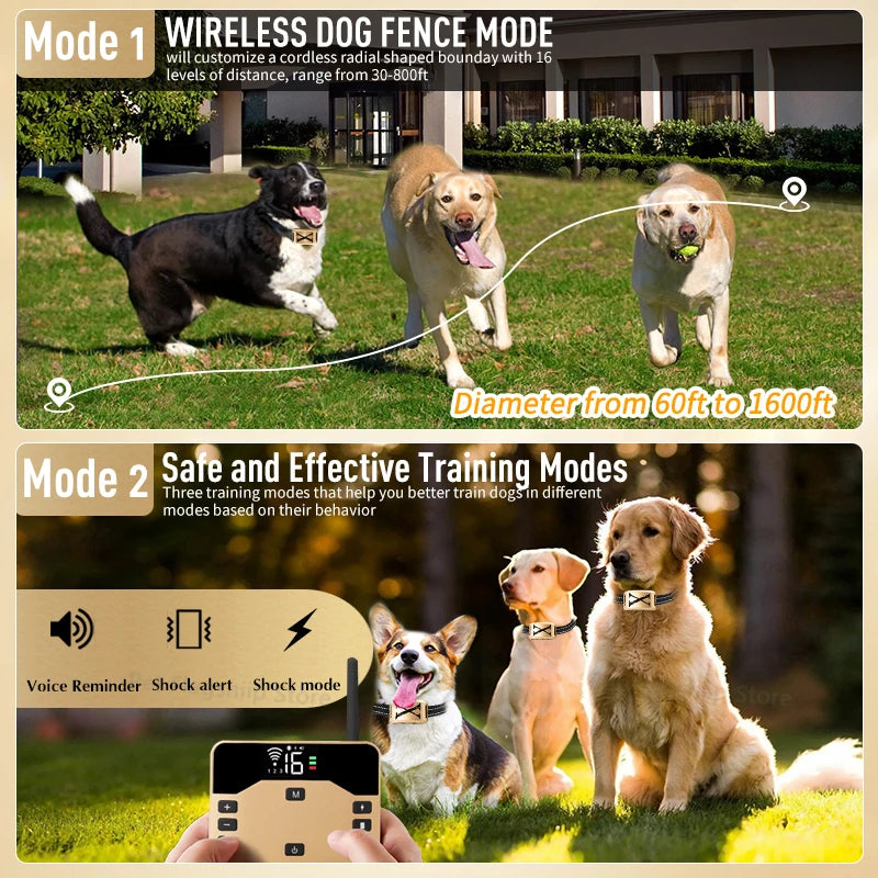 Dog Wireless Electric Fence & Training Collar 2 in 1 Shock Vibration Beep for All Puppy Invisible fence barrier for Pet Safe