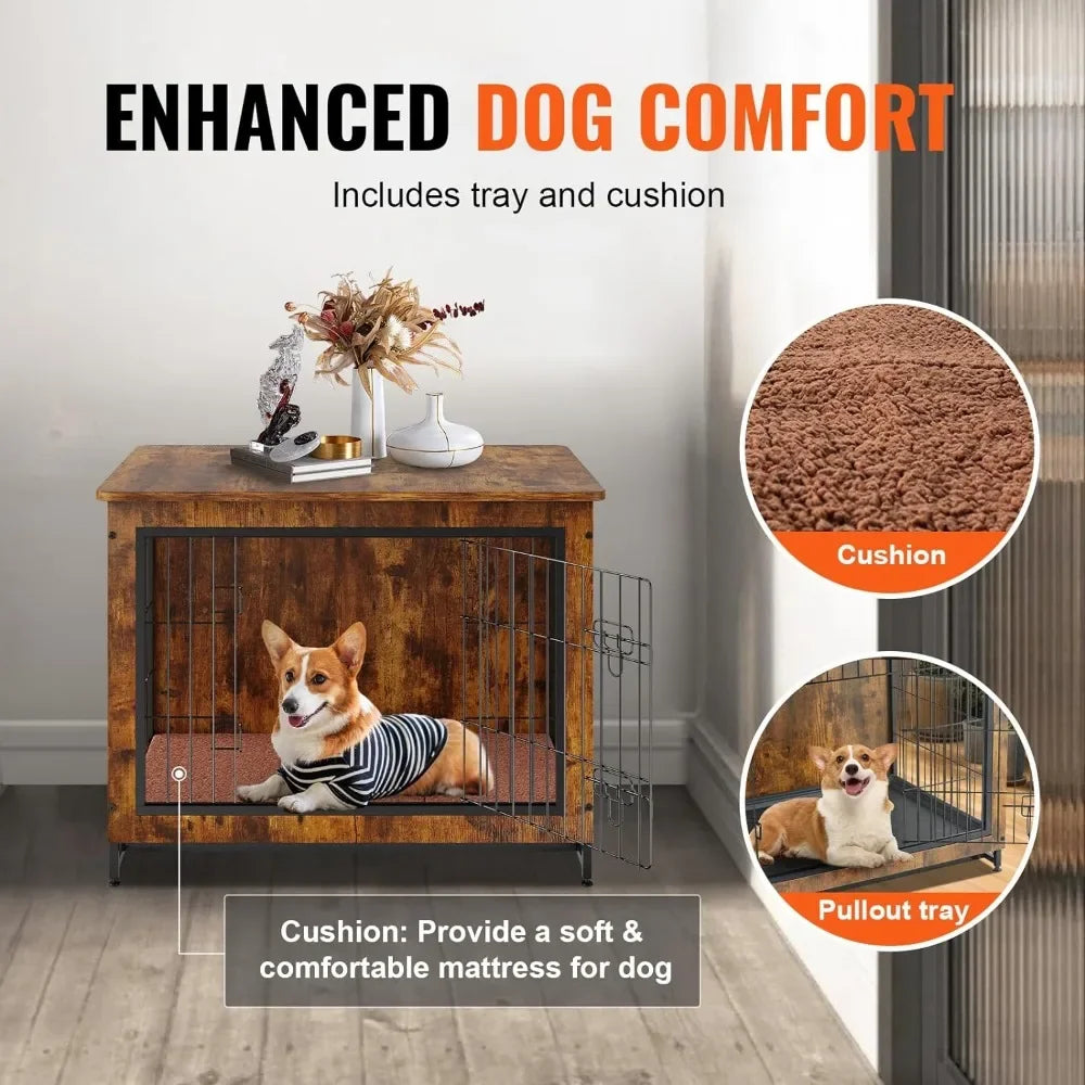 32 Inch Wooden Dog Crate With Double Doors Cats Cage for Big Dogs Modern Dog Kennel Indoor for Dogs Up to 45lb Rustic Brown Pet