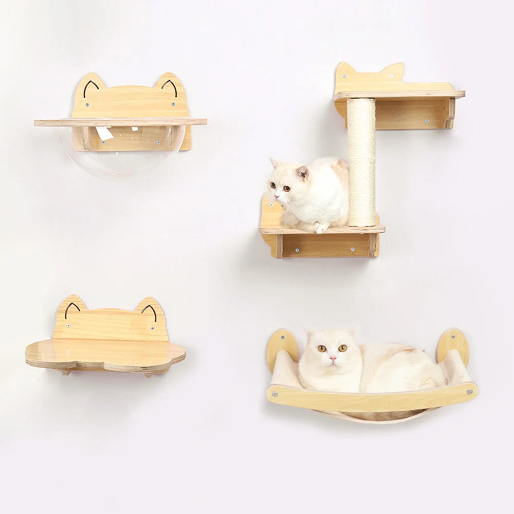 3 Pieces Wall Mounted Cat Bed Wooden Hammock and Jumping Platform Climbing Shelves and Sleeping Pet Furniture for Kitty