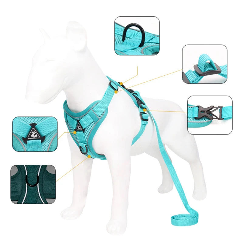 Dog Harness with 1.5m Traction Leash Set No Pull Dog Vest Strap Adjustable Reflective Breathable Harness for Dogs Puppy and Cats