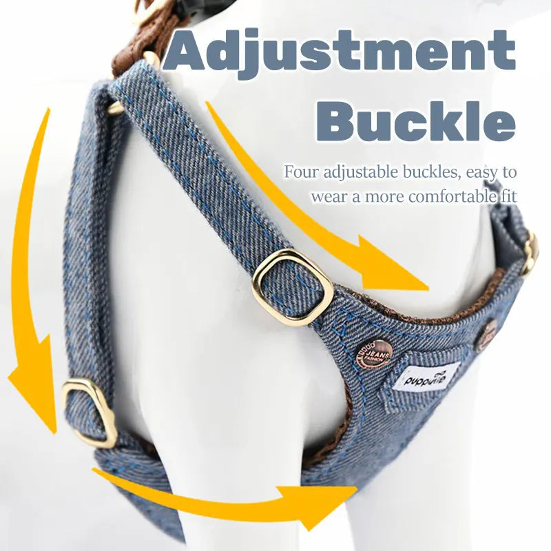 Durable Dog Harness And Leash Set Adjustable Soft Denim Kitten Puppy Chest Strap Luxury Leather Traction For Small Medium Dogs