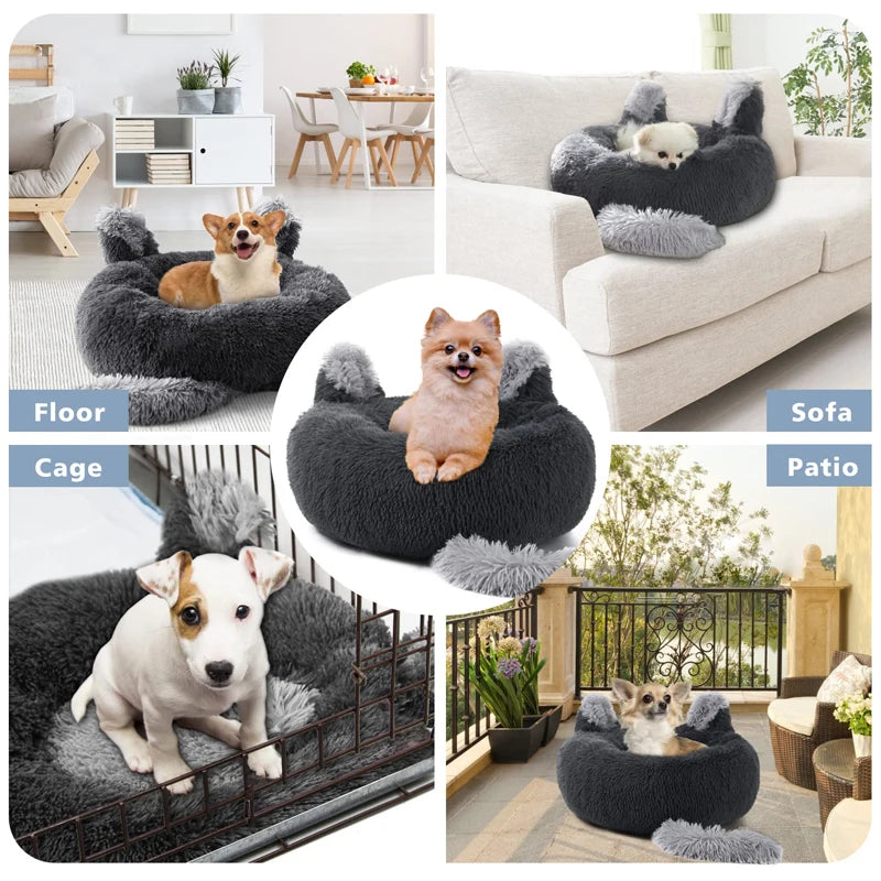 Benepaw Plush Cat Dog Bed Calming Round Donut Pet Bed For Small Medium Dogs Anti Anxiety Fluffy Washable Puppy Cushion Anti-Slip