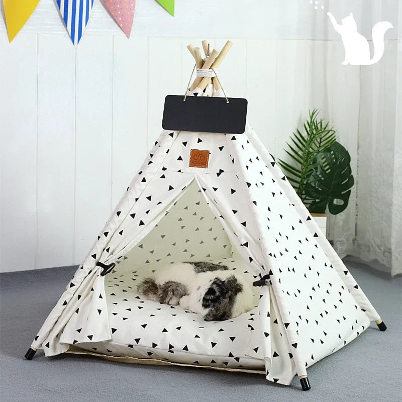 Pet Teepee Tent for Small Dogs or Cats Portable Washable Dog Houses with Cushion and Blackboard Indoor Outdoor Puppy Bed Cat Bed