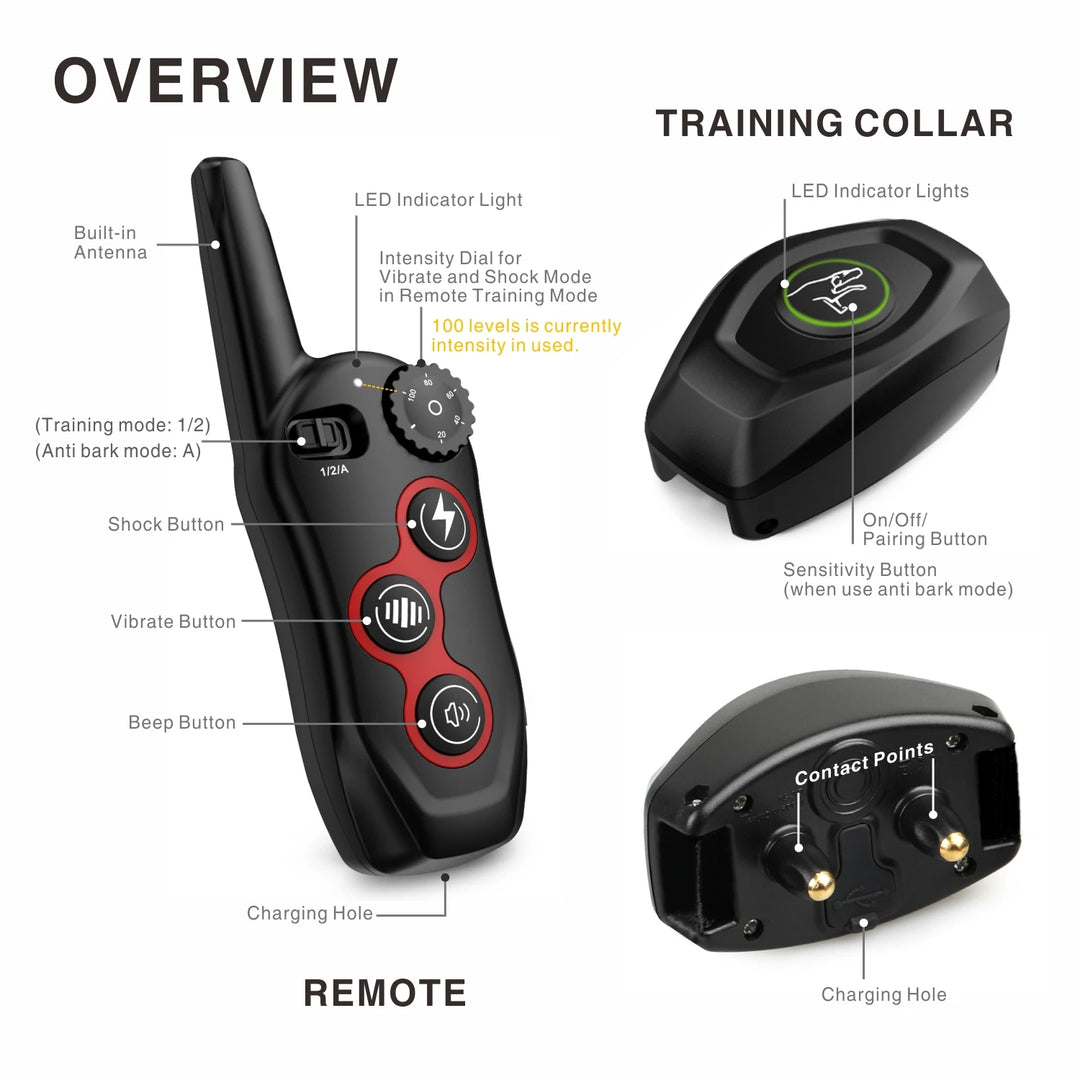 Dog Training Bark Collar 2 in 1 Rechargeable Shock Dog Electric Collar Waterproof 400M 1300 Ft Remote Dog Training Pet Product