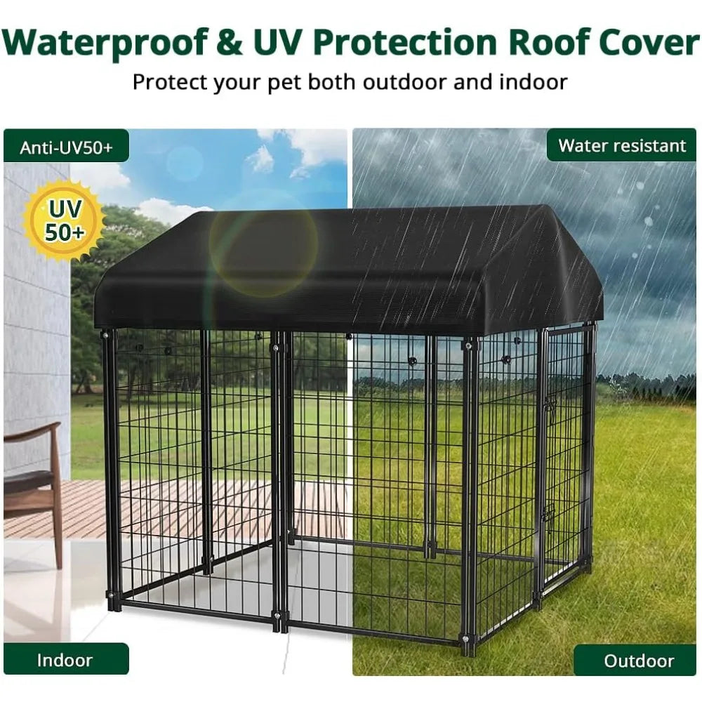 Pet Dog Kennel Outdoor Dog House With Roof Waterproof Cover for Medium to Small Dog Outside 4ft X 4ft X 4.5ft Cage Supplies Home